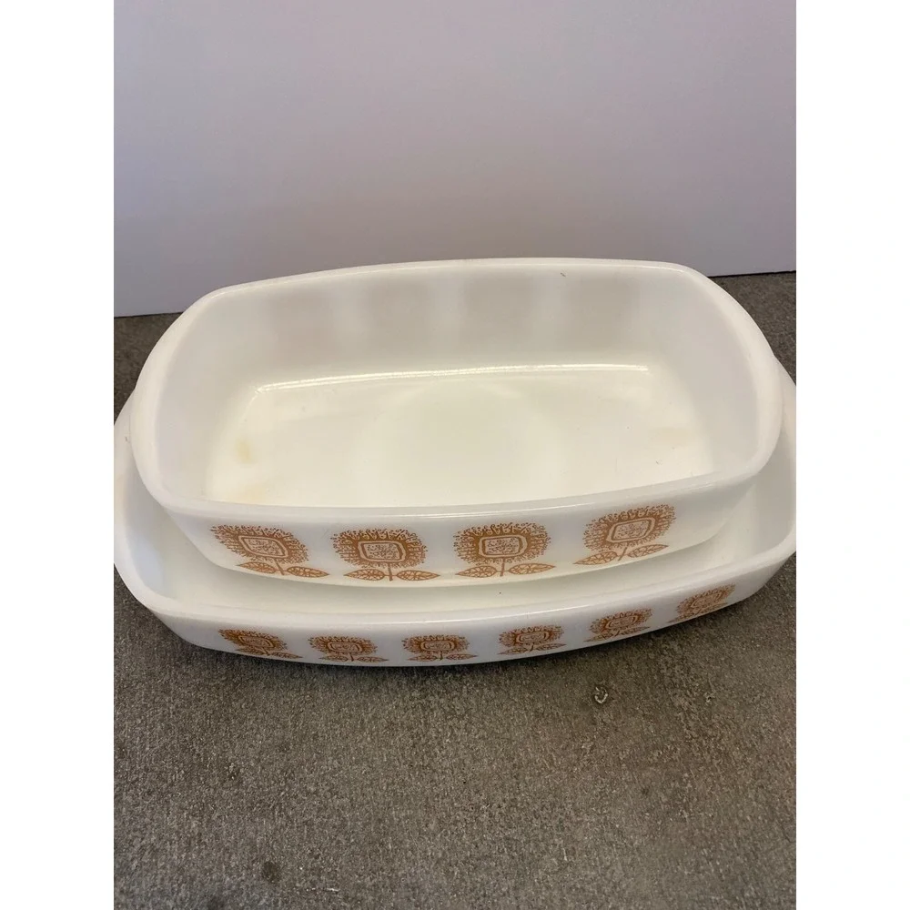 2 Vintage Federal Glass Baking Dish Loaf Pan White Connoisseur Brown Sunflowers